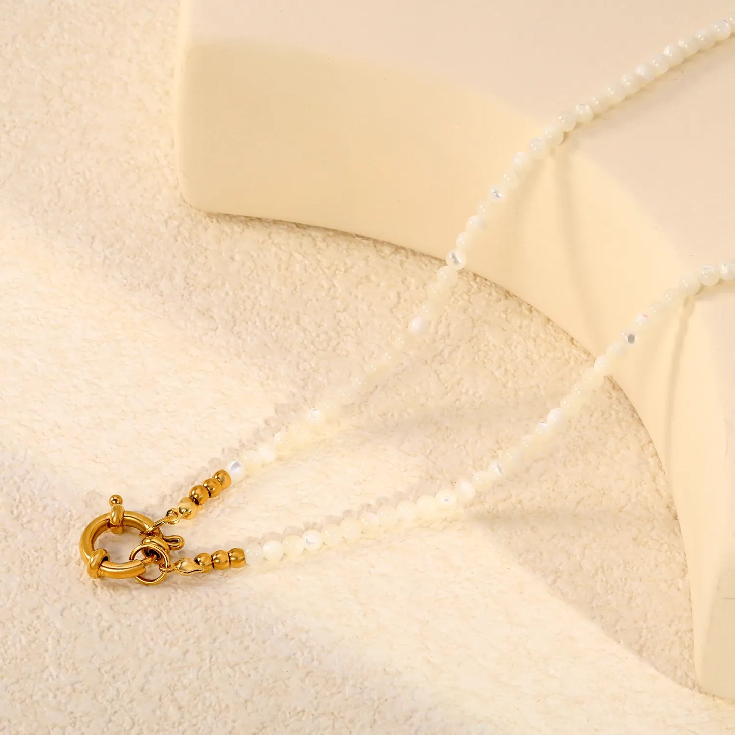 White Mother Of Pearl Bead Mixed Gold Ball Front Spring Ring Clasp Necklace | Wholesale MOQ 12