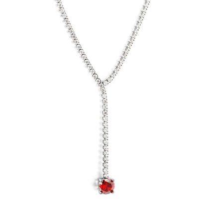 Round Red Garnet CZ Tennis Y-Drop Lariat Necklace | 2 Colors Options | Adjustable 45+5cm Stainless Steel Cubic Zirconia Pendant Necklace | Wholesale MOQ 12