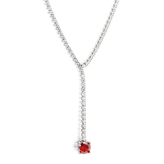 Round Red Garnet CZ Tennis Y-Drop Lariat Necklace | 2 Colors Options | Adjustable 45+5cm Stainless Steel Cubic Zirconia Pendant Necklace | Wholesale MOQ 12