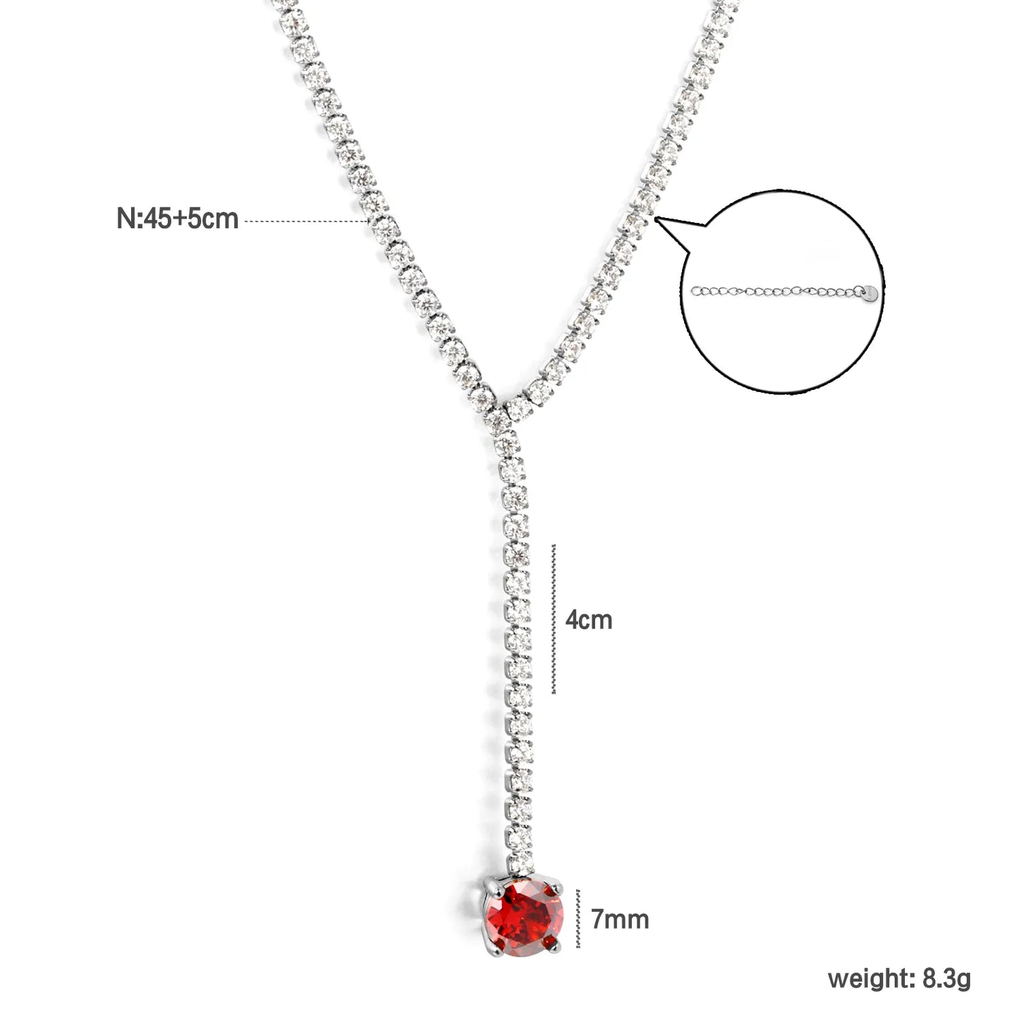 Round Red Garnet CZ Tennis Y-Drop Lariat Necklace | 2 Colors Options | Adjustable 45+5cm Stainless Steel Cubic Zirconia Pendant Necklace | Wholesale MOQ 12