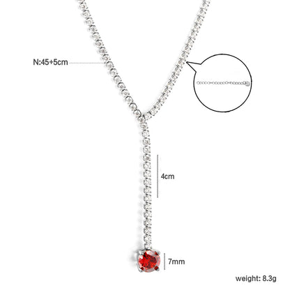 Round Red Garnet CZ Tennis Y-Drop Lariat Necklace | 2 Colors Options | Adjustable 45+5cm Stainless Steel Cubic Zirconia Pendant Necklace | Wholesale MOQ 12