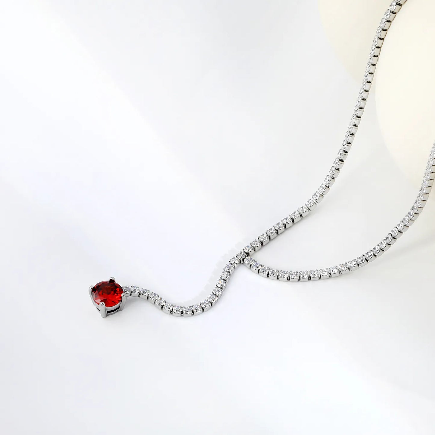 Round Red Garnet CZ Tennis Y-Drop Lariat Necklace | 2 Colors Options | Adjustable 45+5cm Stainless Steel Cubic Zirconia Pendant Necklace | Wholesale MOQ 12