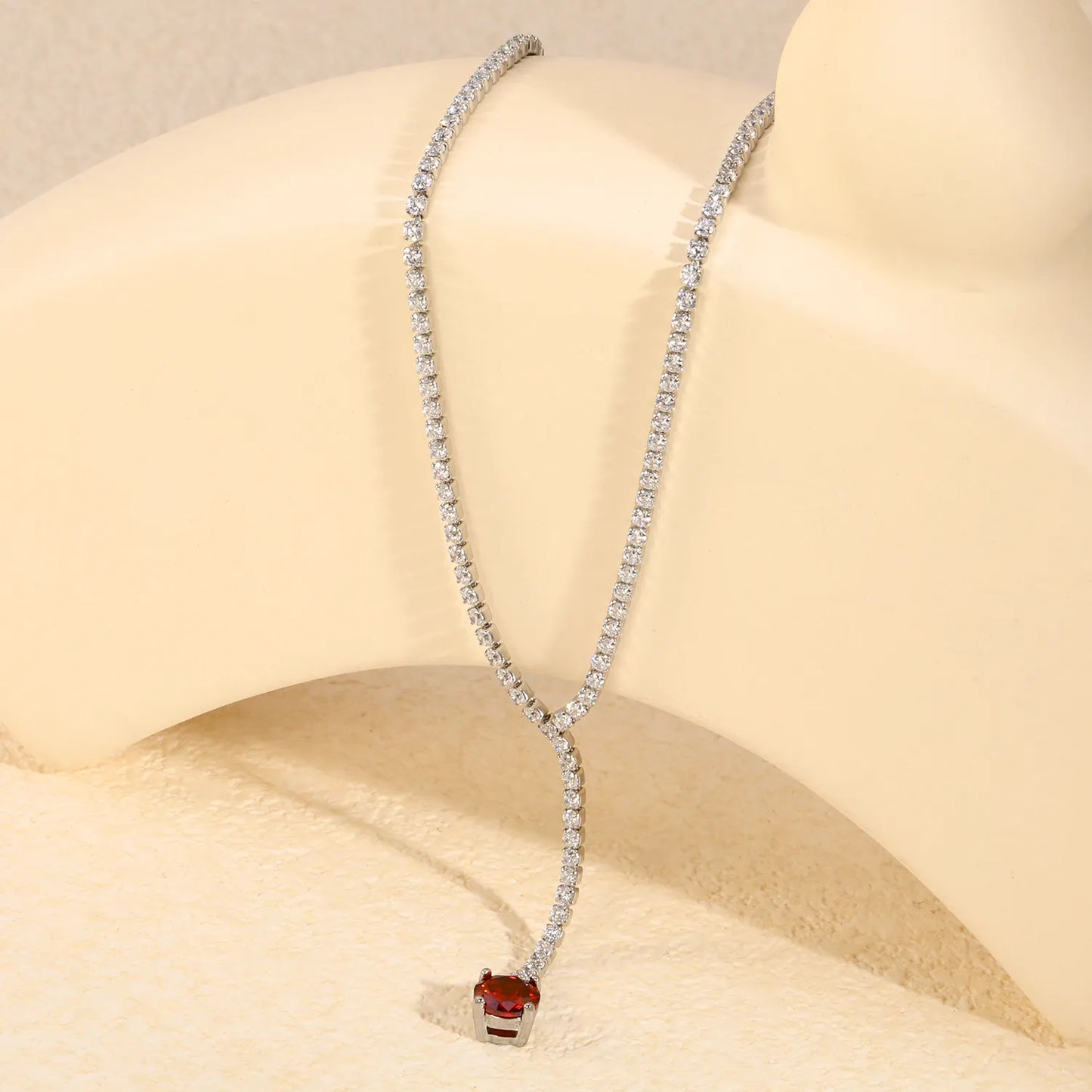 Round Red Garnet CZ Tennis Y-Drop Lariat Necklace | 2 Colors Options | Adjustable 45+5cm Stainless Steel Cubic Zirconia Pendant Necklace | Wholesale MOQ 12