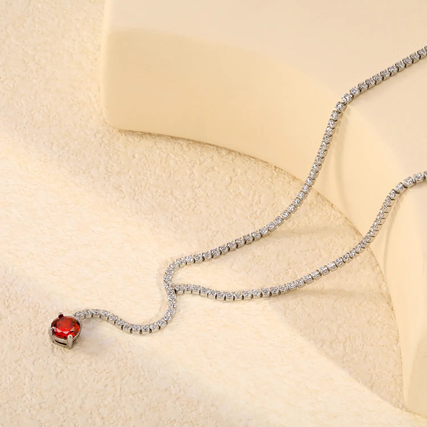 Round Red Garnet CZ Tennis Y-Drop Lariat Necklace | 2 Colors Options | Adjustable 45+5cm Stainless Steel Cubic Zirconia Pendant Necklace | Wholesale MOQ 12