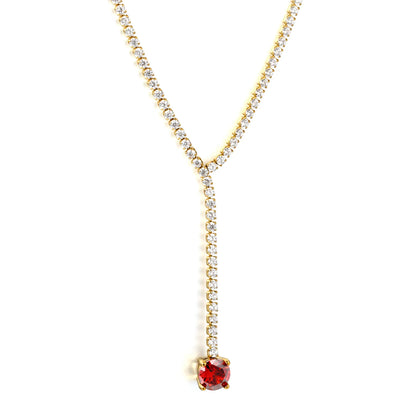 Round Red Garnet CZ Tennis Y-Drop Lariat Necklace | 2 Colors Options | Adjustable 45+5cm Stainless Steel Cubic Zirconia Pendant Necklace | Wholesale MOQ 12