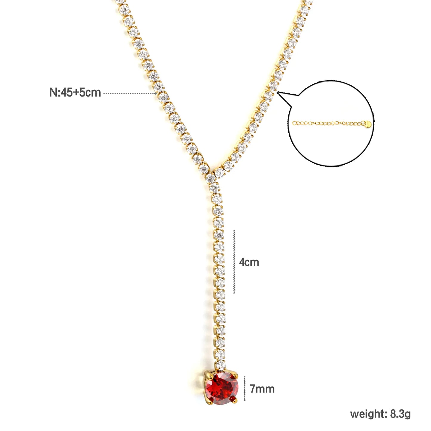 Round Red Garnet CZ Tennis Y-Drop Lariat Necklace | 2 Colors Options | Adjustable 45+5cm Stainless Steel Cubic Zirconia Pendant Necklace | Wholesale MOQ 12