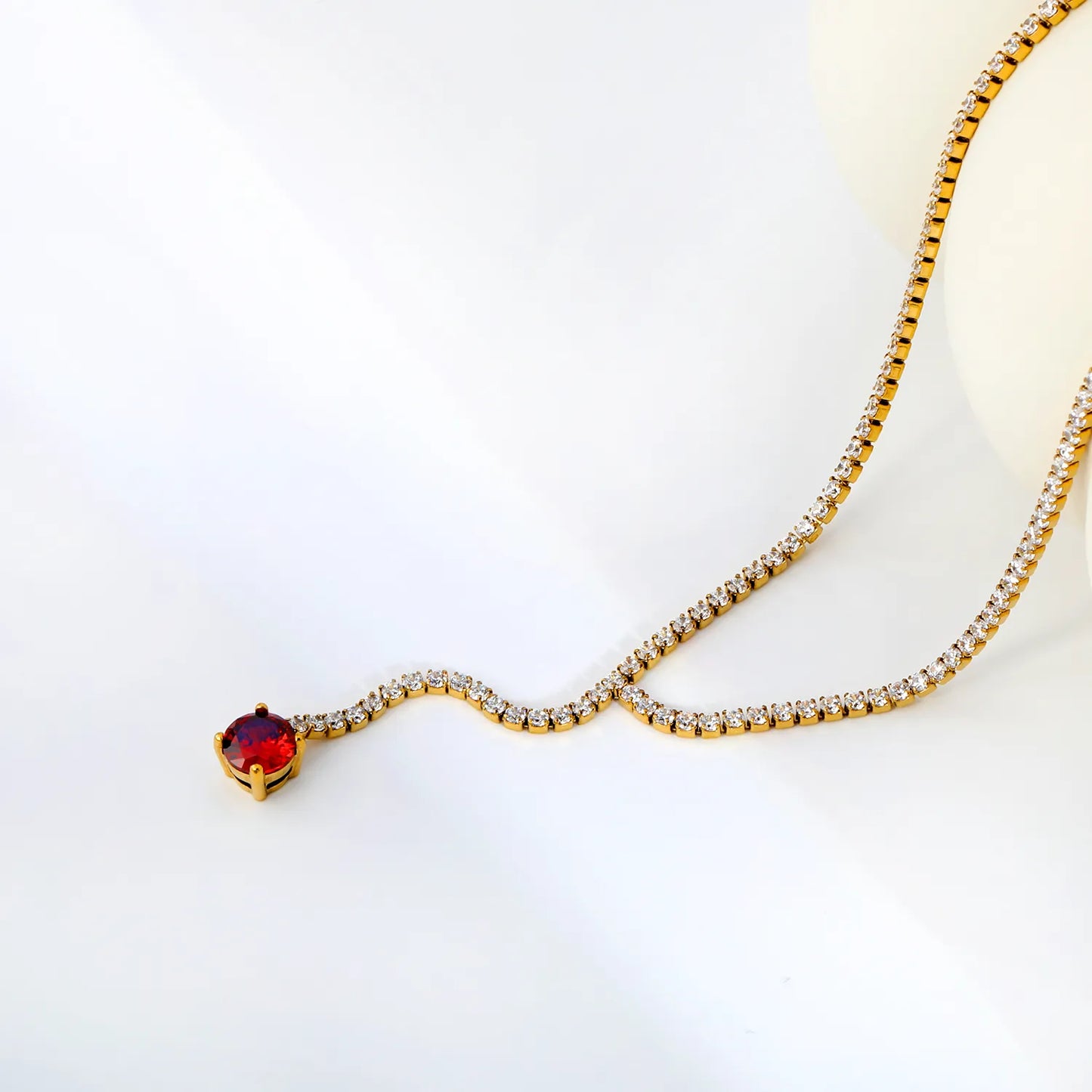 Round Red Garnet CZ Tennis Y-Drop Lariat Necklace | 2 Colors Options | Adjustable 45+5cm Stainless Steel Cubic Zirconia Pendant Necklace | Wholesale MOQ 12