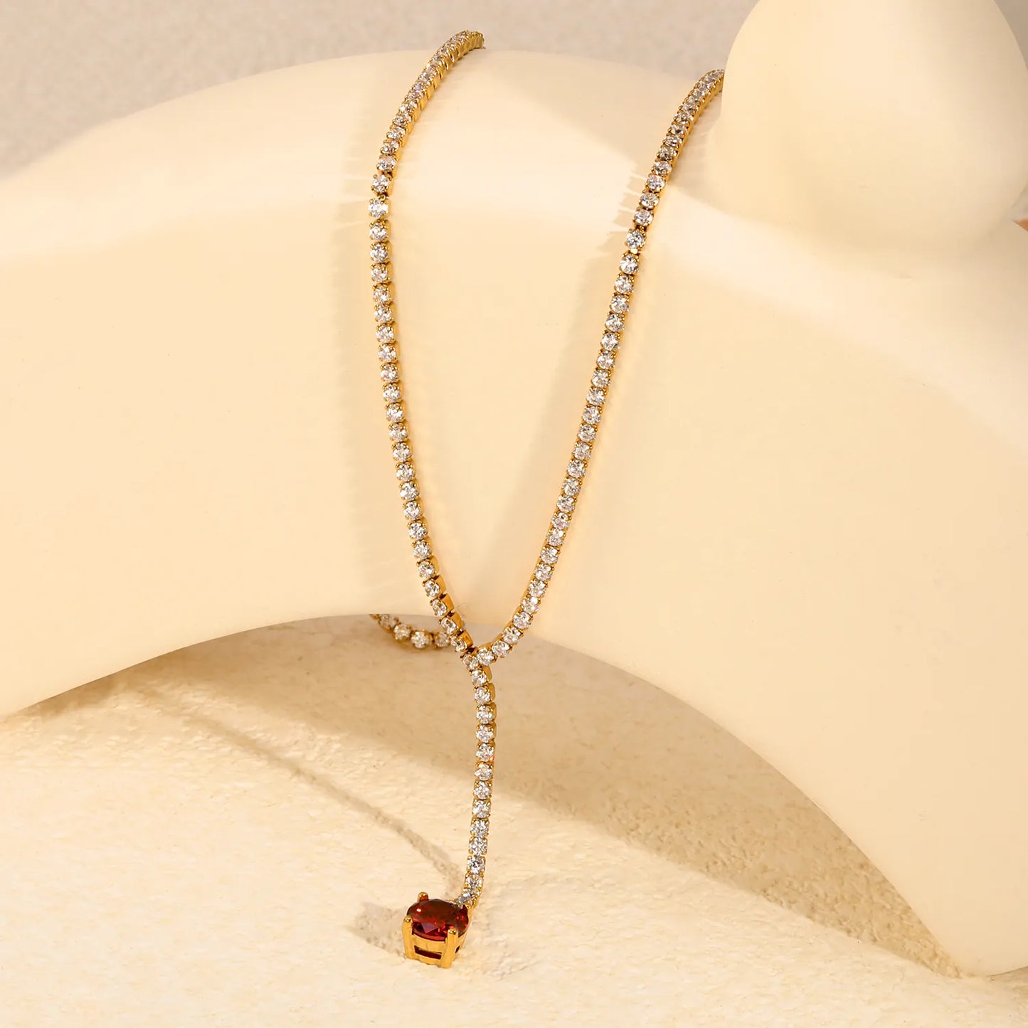 Round Red Garnet CZ Tennis Y-Drop Lariat Necklace | 2 Colors Options | Adjustable 45+5cm Stainless Steel Cubic Zirconia Pendant Necklace | Wholesale MOQ 12