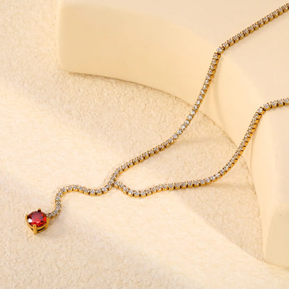 Round Red Garnet CZ Tennis Y-Drop Lariat Necklace | 2 Colors Options | Adjustable 45+5cm Stainless Steel Cubic Zirconia Pendant Necklace | Wholesale MOQ 12