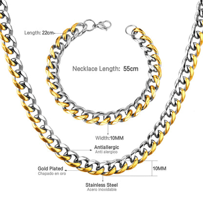 ASON Women/Men 10MM Width Necklace Set Stainless Steel Necklace with Bracelet Cuban Chain for Diy Jewelry Making