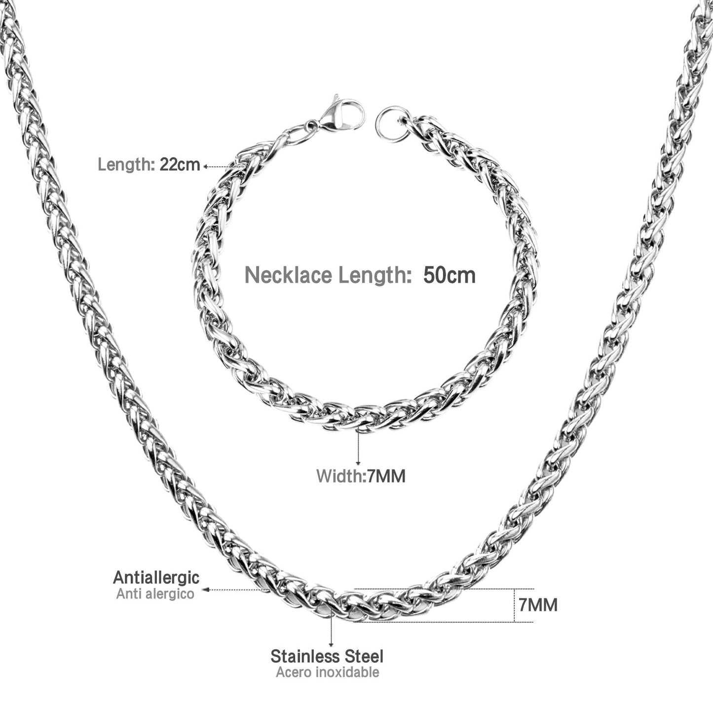 ASON Women/Men 7MM Width Necklace Set Stainless Steel Necklace with Bracelet Cuban Chain for Diy Jewelry Makings