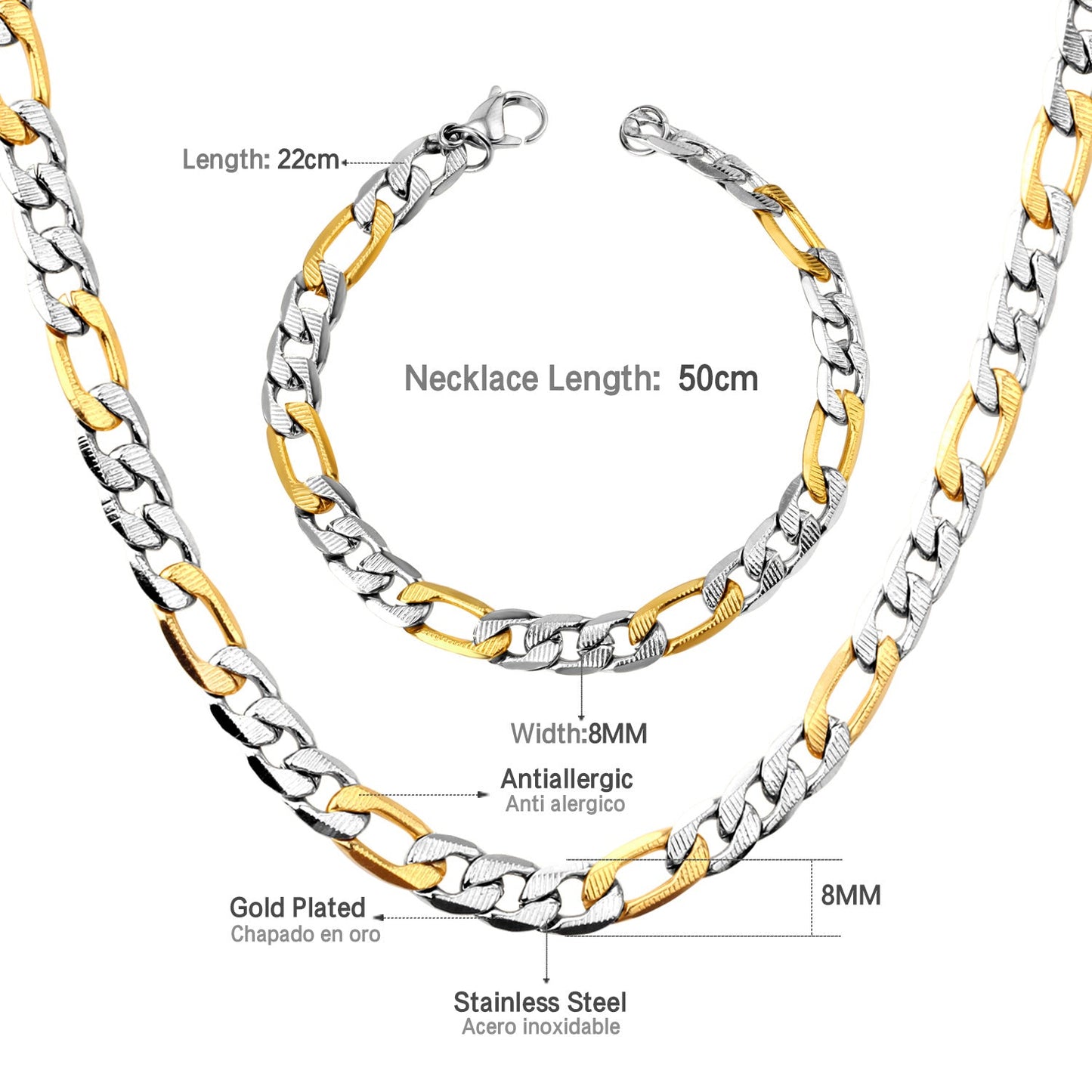 ASON Women/Men 8MM Width Necklace Set Stainless Steel Necklace with Bracelet Cuban Chain for Diy Jewelry Making