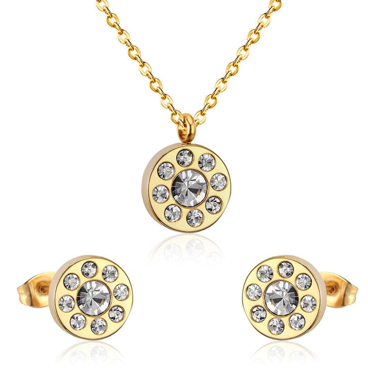 Trendy Round Crystal Pendant Necklace Stainless Steel Necklace Stud Earrings Sets For Ladies Wedding Jewellry Set