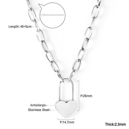ASON Lock of Heart Pendant Necklace Stainless Steel Big Chain Necklace for Women Men Lover's Fashion Jewelry Accessories