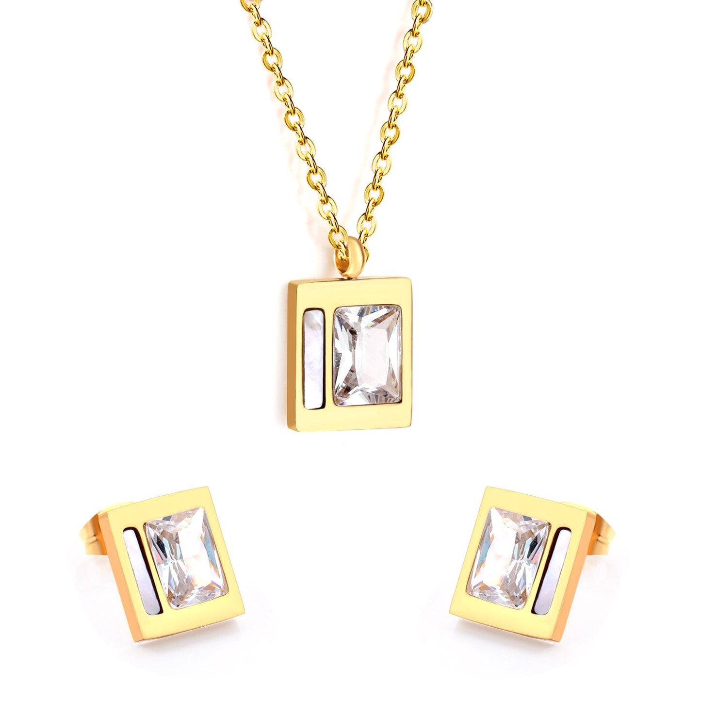 Stainless Steel Wedding Square Shell Chain Necklace Stud Earrings Bridal Jewelry Set Gold Jewellery Sets For Women
