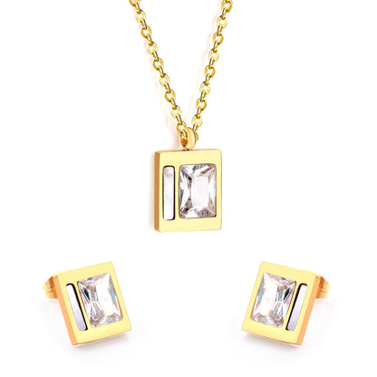 Stainless Steel Wedding Square Shell Chain Necklace Stud Earrings Bridal Jewelry Set Gold Jewellery Sets For Women