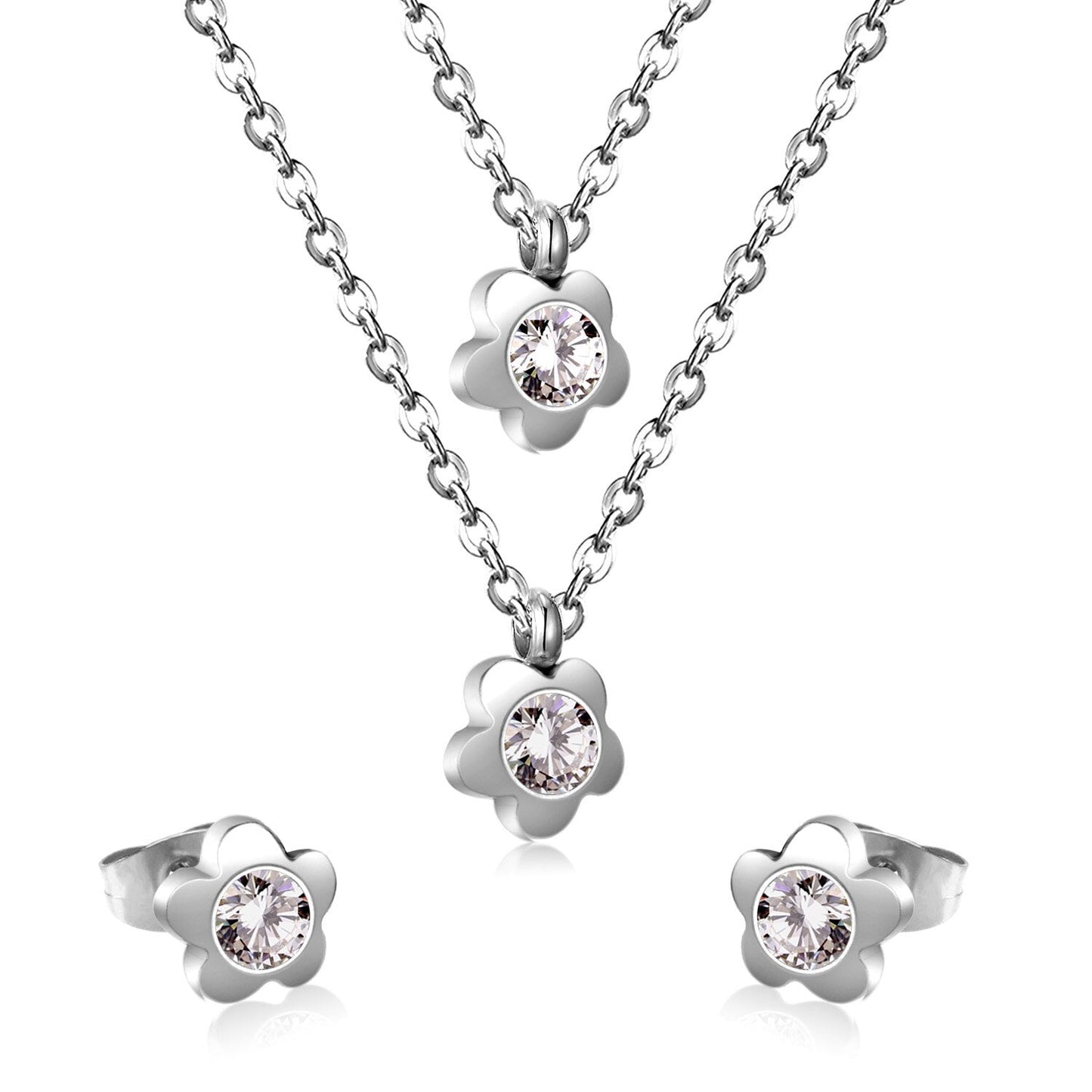 Fashion Flower Crystal Double Pendant Necklace Stainless Steel Jewelry Set For Female Wedding Necklace bijoux femme