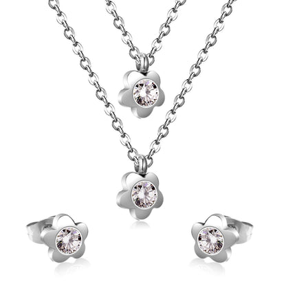 Fashion Flower Crystal Double Pendant Necklace Stainless Steel Jewelry Set For Female Wedding Necklace bijoux femme