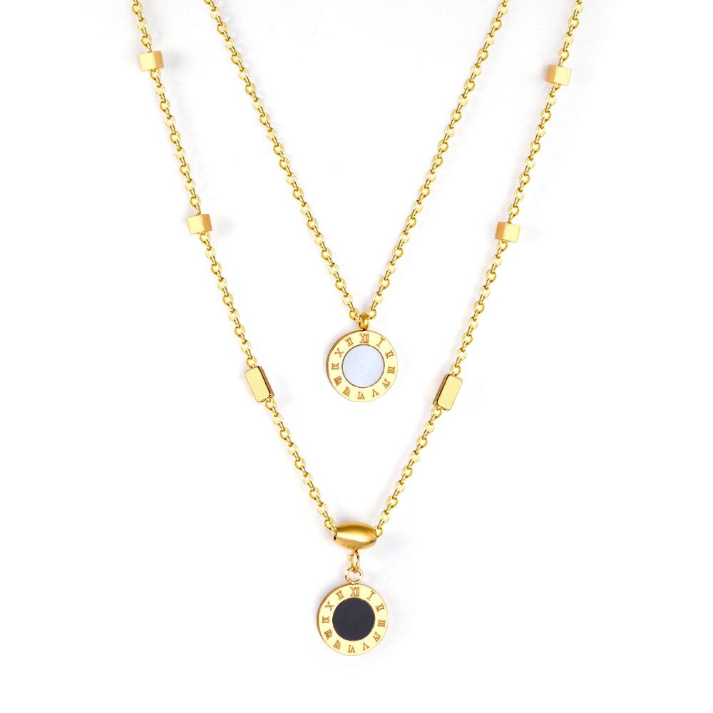 New Design Romantic Double Pendant Necklace For Women Design Roman Numerals Trendy Black And White Shell Collier