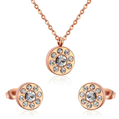 Trendy Round Crystal Pendant Necklace Stainless Steel Necklace Stud Earrings Sets For Ladies Wedding Jewellry Set