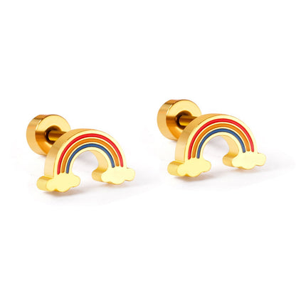 ASON Cute Children's Rainbow Small Piercing Stud Earrings Stainless Steel Gold Color for Girl Women Fashion Jewelry Gift