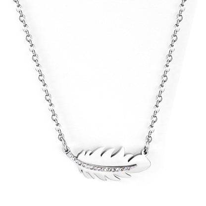 ASON Gold Color Feather Pendant Necklace with Rhinestone Stainless Steel Chain for Women Jewelry Gift Accessory Chokers