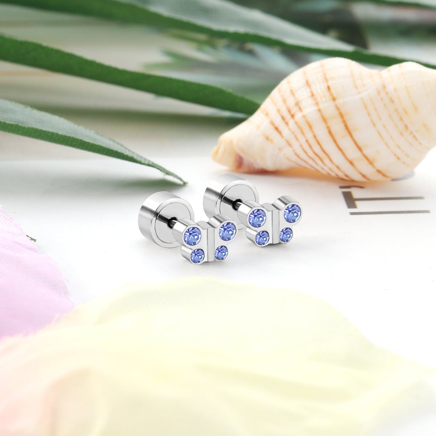 12 pairs of steel color butterfly-shaped white diamond/red diamond/lake blue diamond pat plug earrings