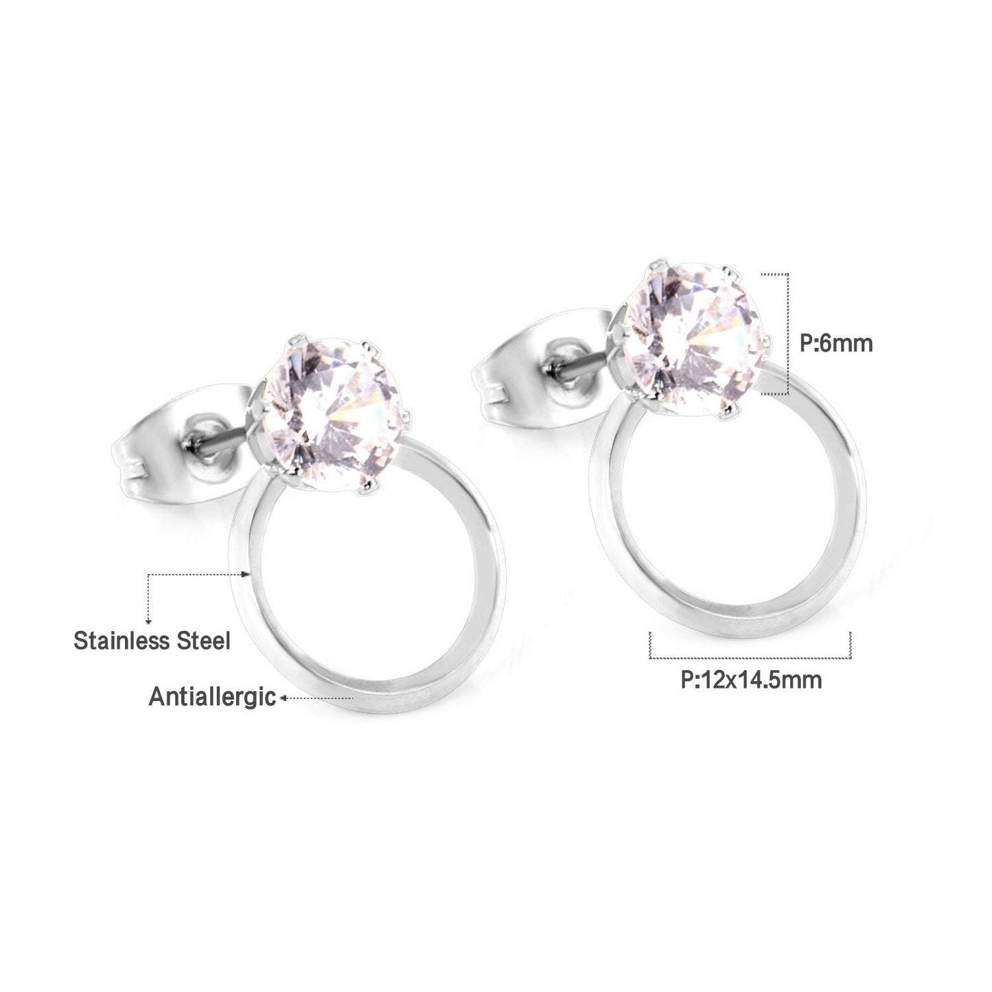 ASON Wedding Jewelry Round Cubic Zirconia Anti-allergy Stud Earring Stainless Steel Round Earrings Female Accessories Party