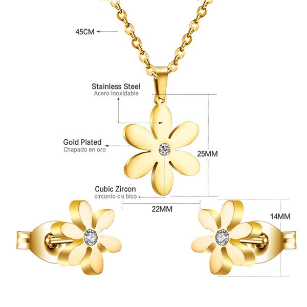ASON Jewelry 316L Stainless Steel Gold Color Jewelry Sets for Women Flower Pendant Necklace Small Earrings for Femme