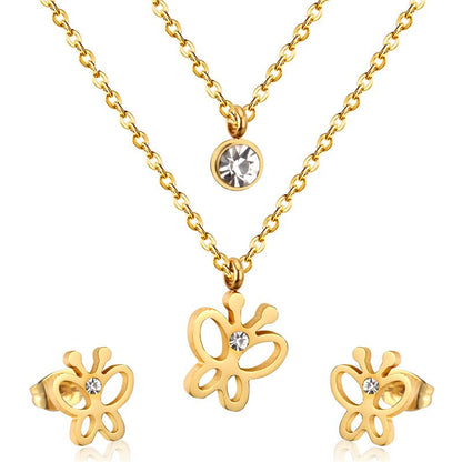 ASON Butterfly Double Set Necklace Pendant Small Stud Earring Wedding Jewelry Set for Women 316L Stainless Steel Sets