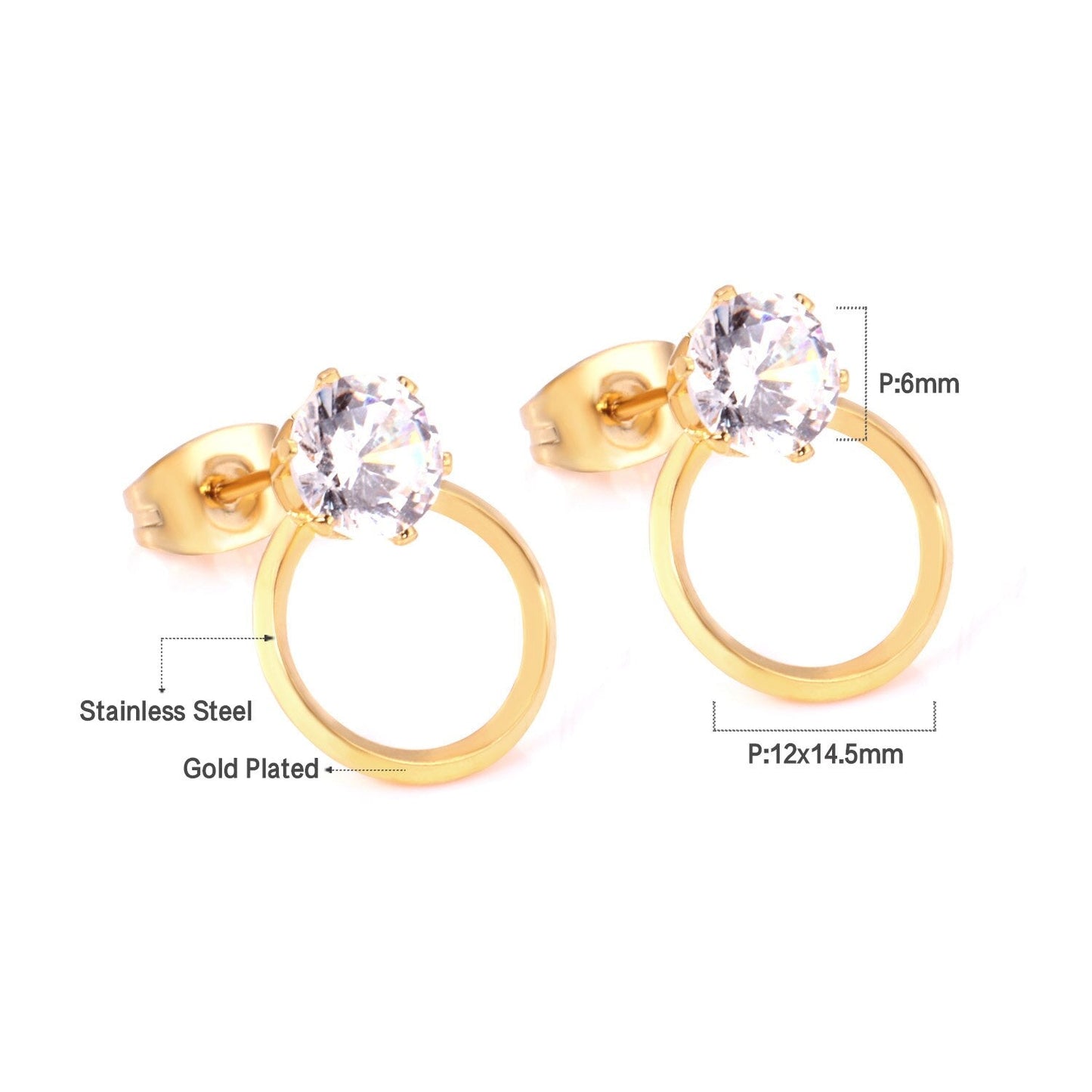 ASON Wedding Jewelry Round Cubic Zirconia Anti-allergy Stud Earring Stainless Steel Round Earrings Female Accessories Party