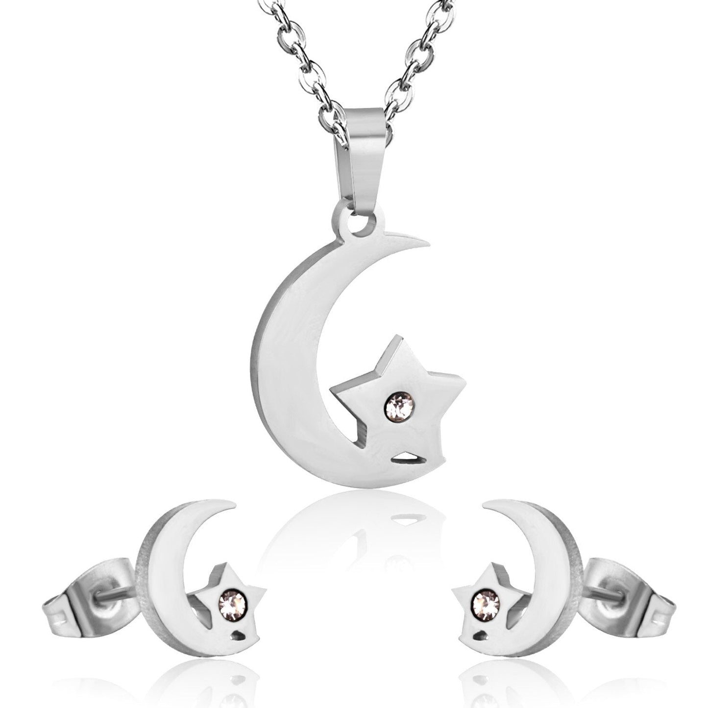 Crystal Moon Star Necklace Earring Sets Stainless Steel Dubai Indian Wedding Gold Jewelry Set For Women Girls