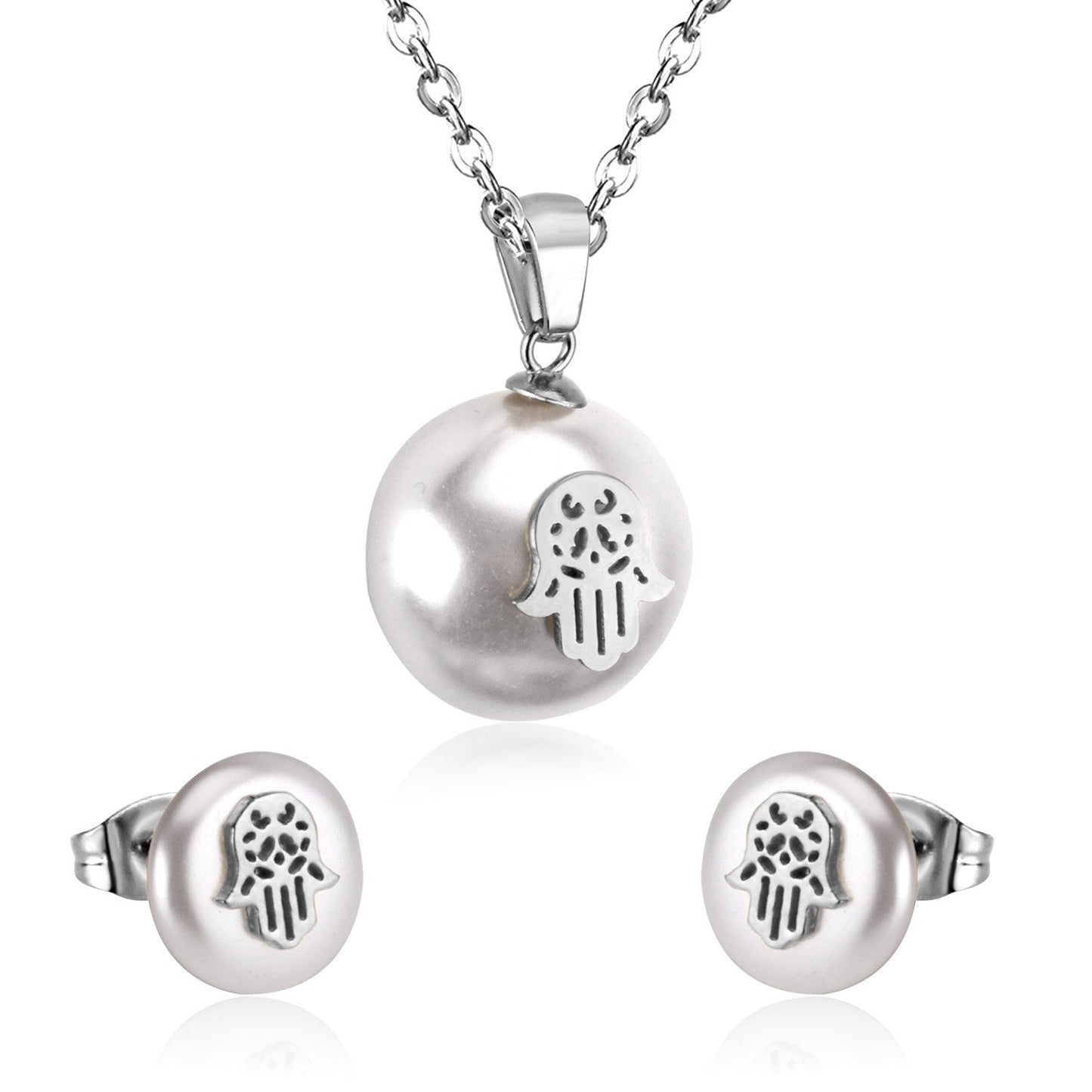 Hand Fake Pearl Wedding Dubai Jewelry sets Stainless Steel Women Small Stud Earring Necklace Jewelry sets