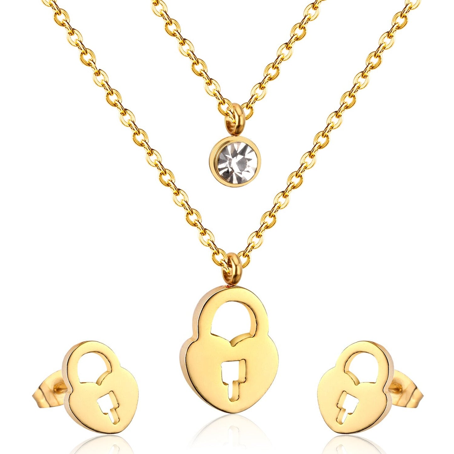 Gold/Steel Double Chains Necklace Women Accessories Stainless Steel Round Cubic Zirconia And Lock Pendant Necklace