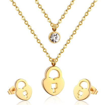 Gold/Steel Double Chains Necklace Women Accessories Stainless Steel Round Cubic Zirconia And Lock Pendant Necklace