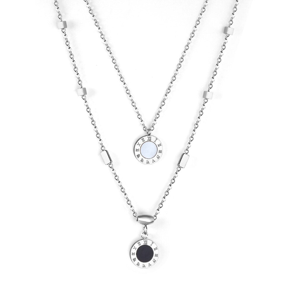 New Design Romantic Double Pendant Necklace For Women Design Roman Numerals Trendy Black And White Shell Collier