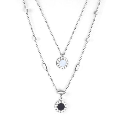 New Design Romantic Double Pendant Necklace For Women Design Roman Numerals Trendy Black And White Shell Collier