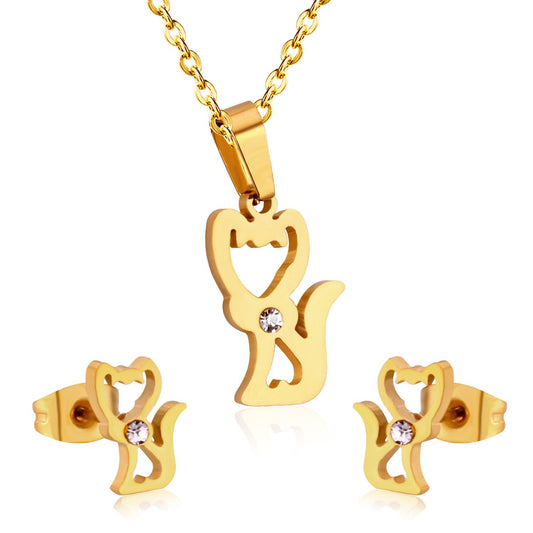 Stainless Steel Little Fox With Cubic Zirconia Necklace Earrings Set Woman Wedding Jewelry Sets Anniversary Present