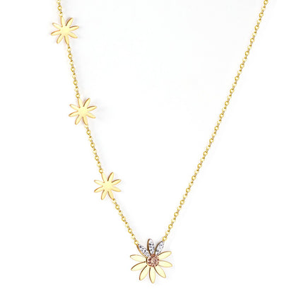 ASON Cute Flower Daisy Chain Necklace Stainless Steel Gold Color Choker with Cubic Zirconia 40cm with Extender Jewelry