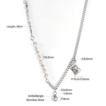 ASON Vintage Baroque Irregular Pearl Pendant Chain Necklace Stainless Steel Geometric Fashion Jewelry for Women Party Gift