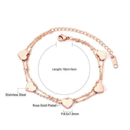 ASON Multi-layer Heart Charm Bracelet Gold Color Stainless Steel Bangle with Extender for Women Girl Fashion Jewelry Gift