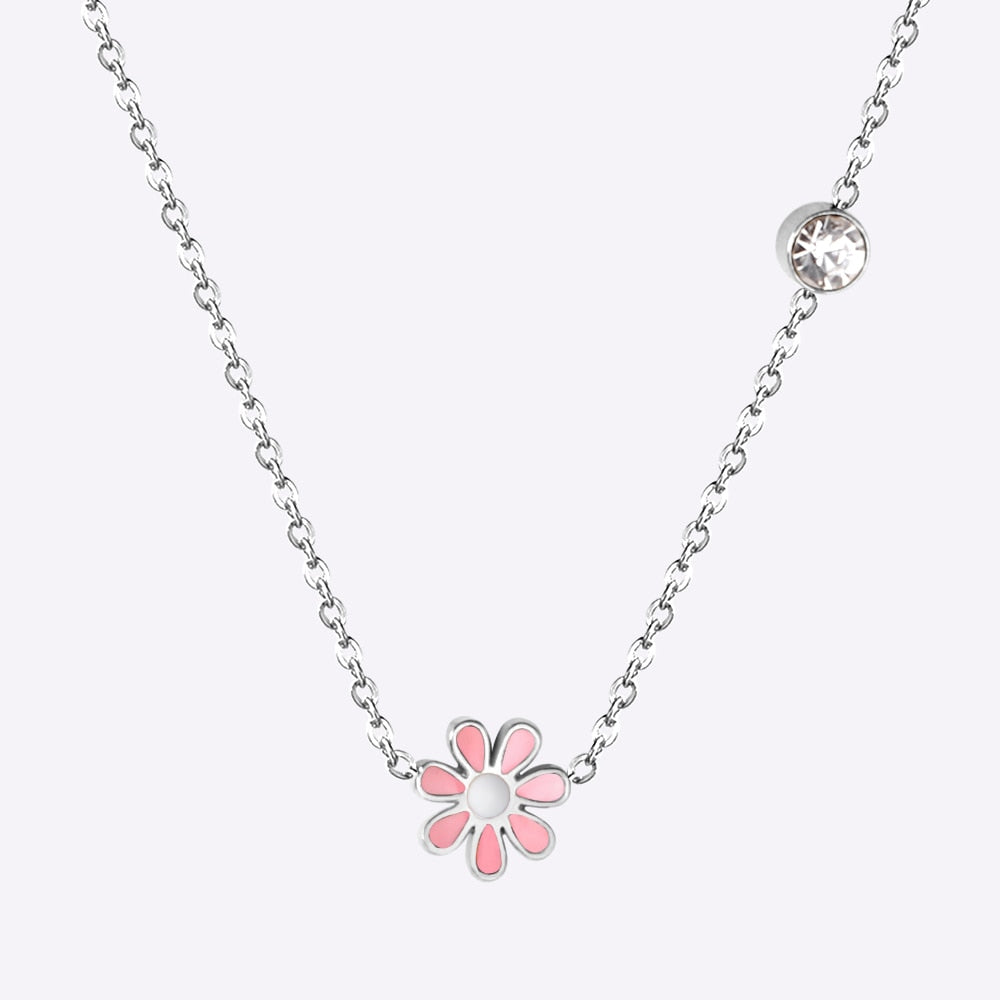 Korean Fashion Romantic Colorful Flower Pendant Stainless Steel Chain Necklace For Women Jewelry Parts bijoux femme
