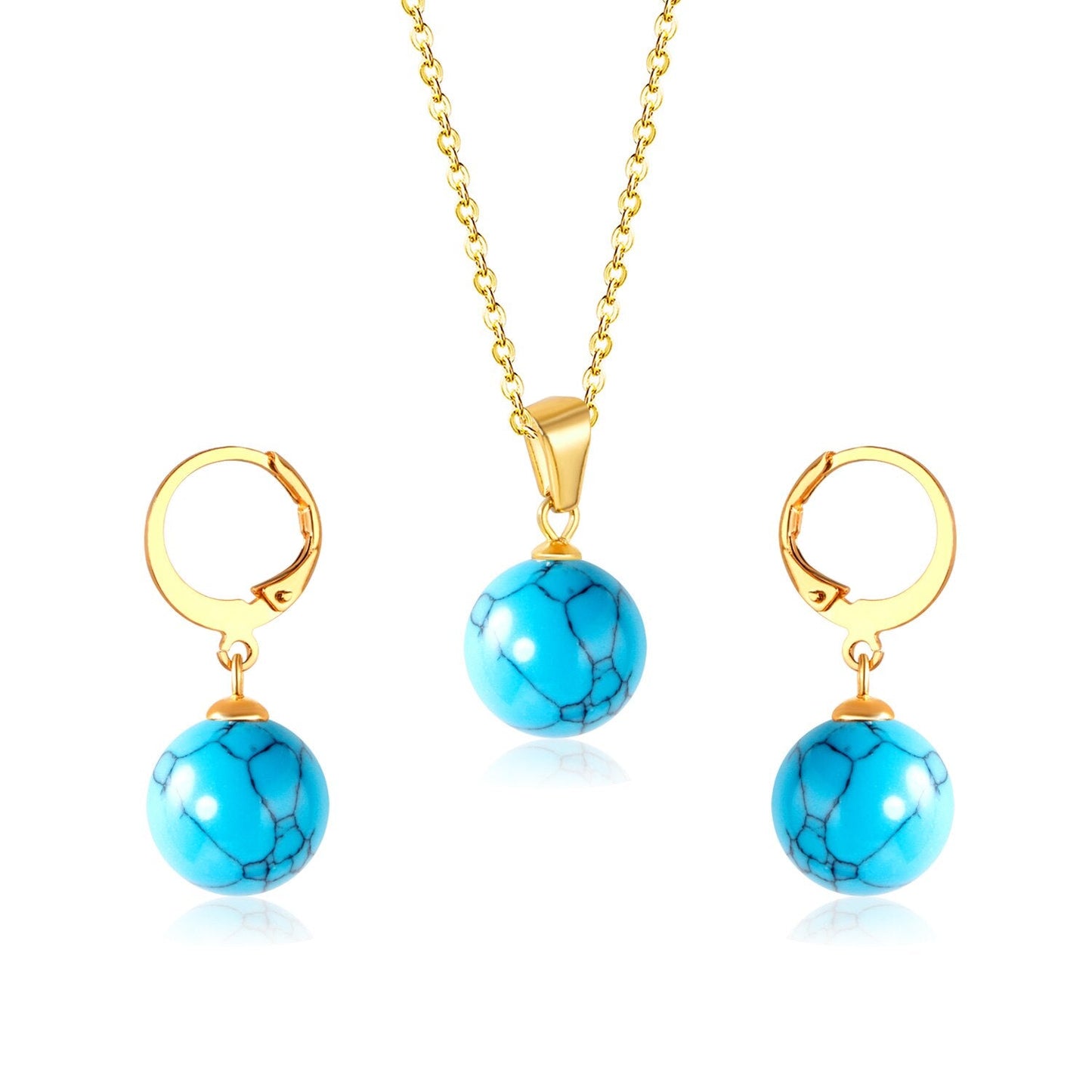New Blue Opal Jewelry Sets Classic Style Round Shape Pendant Necklace Earrings Fashion Chains Accessoreies Collars