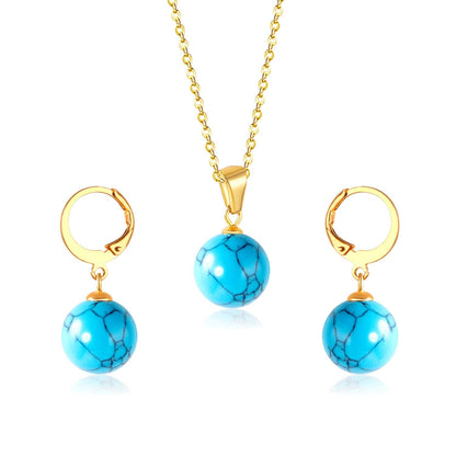 New Blue Opal Jewelry Sets Classic Style Round Shape Pendant Necklace Earrings Fashion Chains Accessoreies Collars