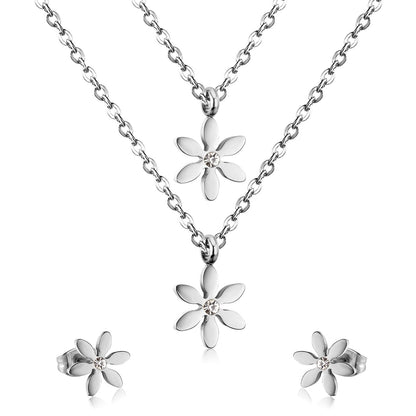 New Gold Flower Shape Stainless Steel Double Necklaces Earrings Sets For Female Trendy Jewellry Sets bijoux femme