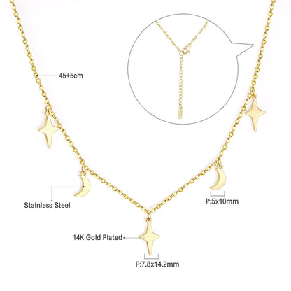 ASON Moon and Star Pendant Necklaces Gold Color Stainless Steel Chain for Women Girls Fashion Jewelry Accessories Gift