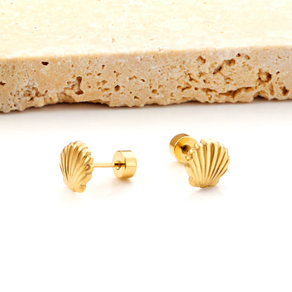 12 pairs Screw In Shell Shape Stud Earrings Gold / Steel