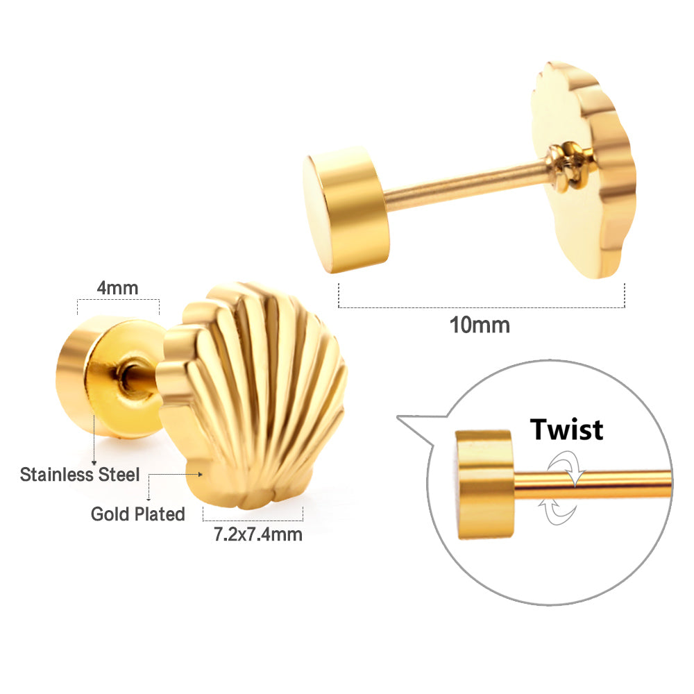 12 pairs Screw In Shell Shape Stud Earrings Gold / Steel