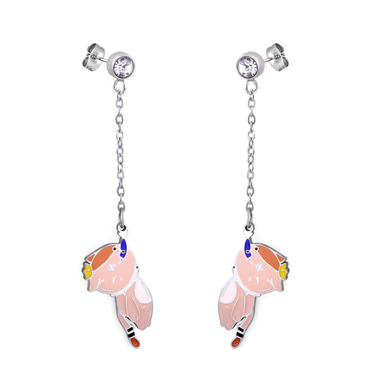 Fashion Diamond + Chain with Cat Eat Fish Mixed Color Stud Earrings