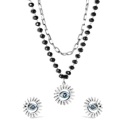 Blue eyes + black bead chain set steel/golden